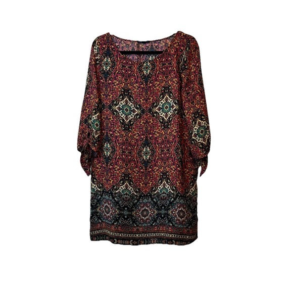 BeBop Dress Tunic Mini Retro 70s Boho Hippie XL Multicolor Floral 3/4 Sleeve Tie - Picture 1 of 9